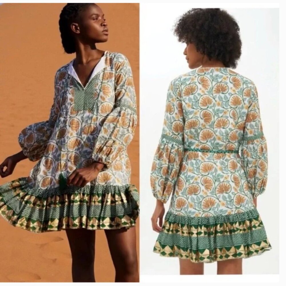 NWT Oliphant Green and Orange Floral Montenegro Amber Balloon Drop Mini Dress